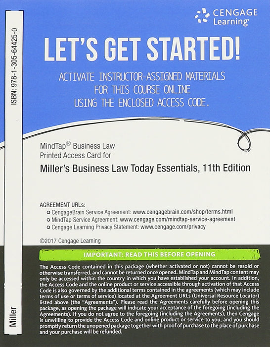 Bundle: Cengage Advantage Books: Business Law Today, The Essentials: Text and Summarized Cases, Loose-Leaf Version, 11th + MindTap Business Law, 1 term (6 months) Printed Access Card Miller, Roger LeRoy - Acceptable